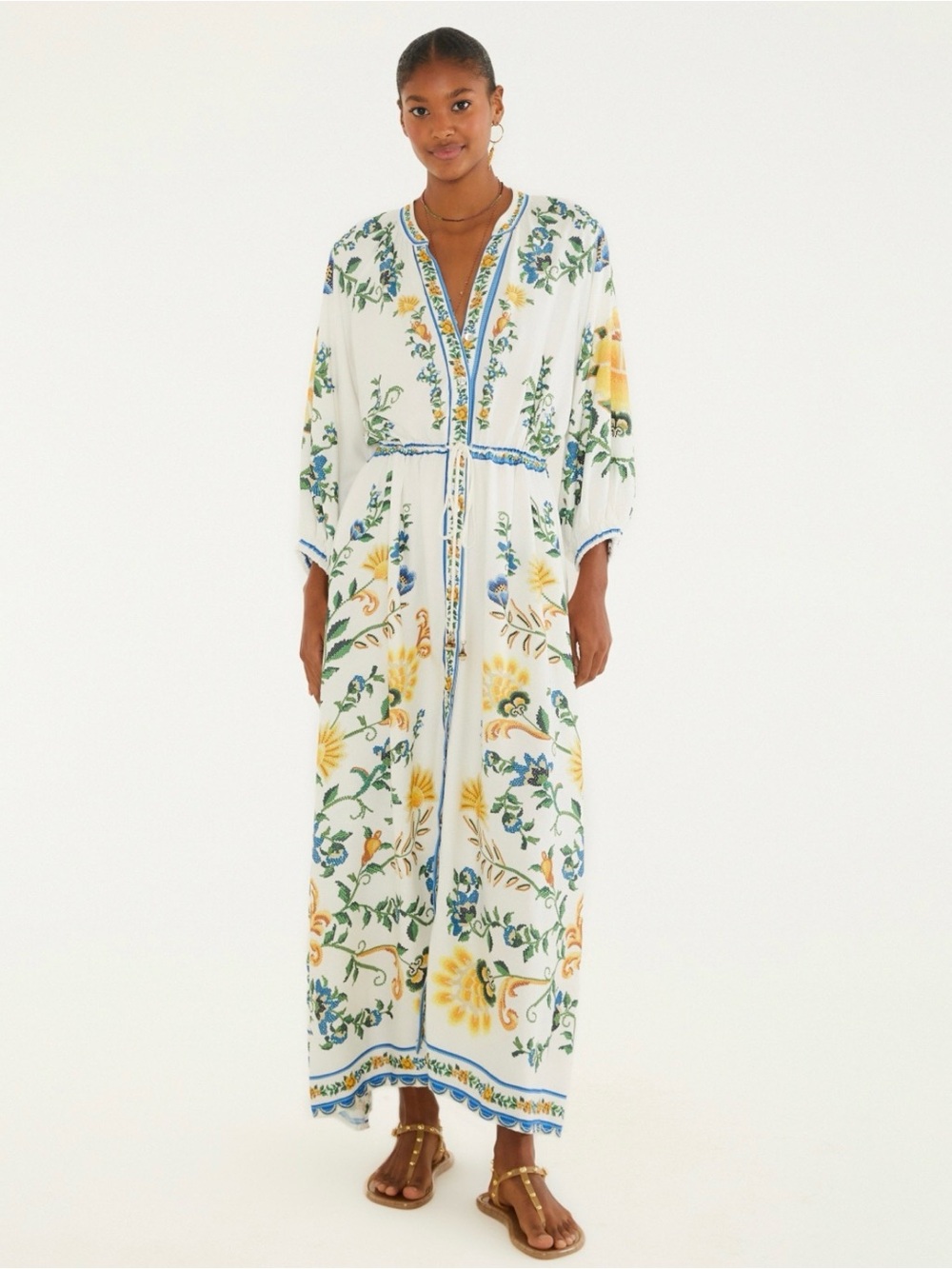 FARM Rio White Floral Maxi Dress with Yellow & Blue Accents